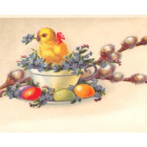 Carte ancienne, poussin jaune sur une tasse entouré de fleurs et d'oeufs. Courrier, voeux de Pâques, collection, vintage français années 40