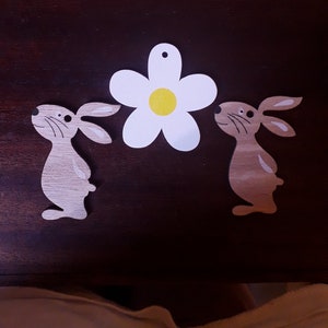 Decorações de Páscoa, dois coelhos e uma margarida, peças de madeira natural de 8 cm, para pintar, personalizar, scrapbooking, hobbies criativos