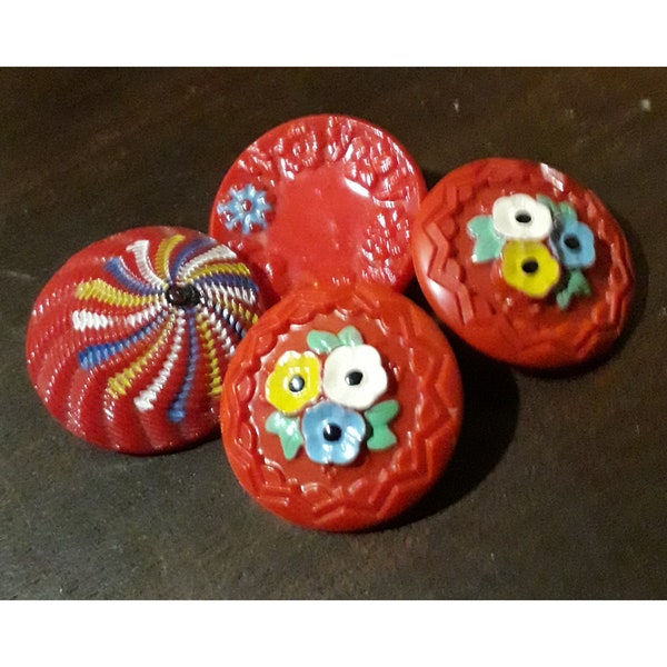 Viejos botones rojos en pasta de vidrio, juego de 4 piezas grabadas y pintadas, 24 mm, adorno de alta costura, colección años 40, raro