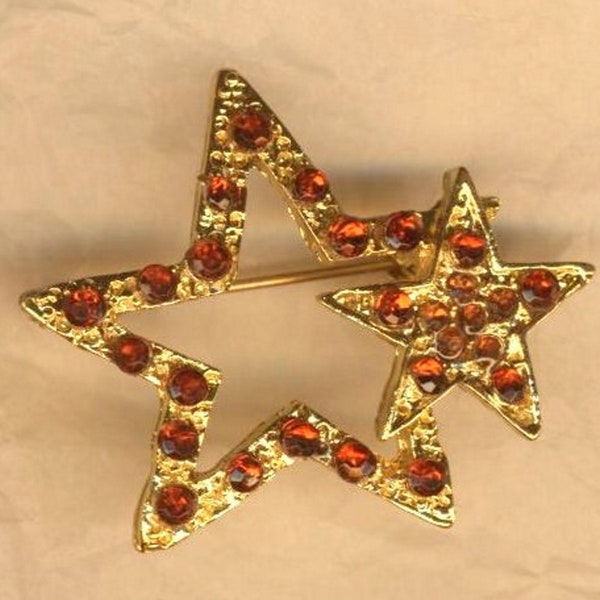 Brooch with two stars, stars, comet FDOR2E and orange rhinestones, costume jewelry, party brooch, vintagein new condition