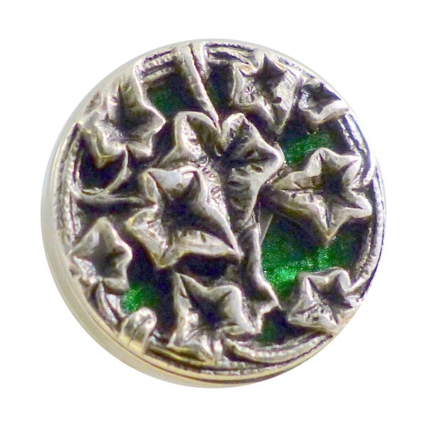 Feuilles de lierre sur fond vert, ancien petit bouton diamètre 15 mm, ornement couture, collection mercerie vintage, pièce unique rare