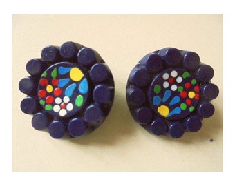 Boutons bleus à petites fleurs multicolores, fantaisie, naïfs et joyeux, 2 pièces de 24 mm, embellissement couture, vintage à l'état neuf