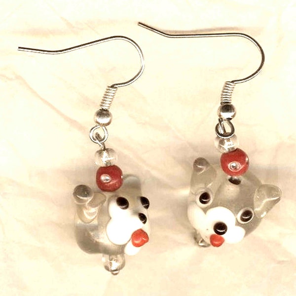 Boucles d'oreilles tête de chat en verre soufflé, création originale, cadeau girly, kawaï, pièce unique