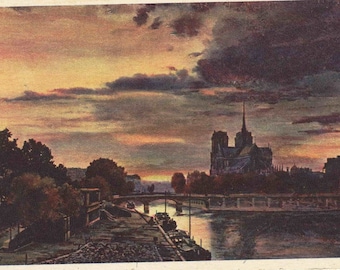 Notre-Dame de Paris au crépuscule, carte ancienne vue de la Seine, années 50-60, pour collection ou correspondance, vintage français