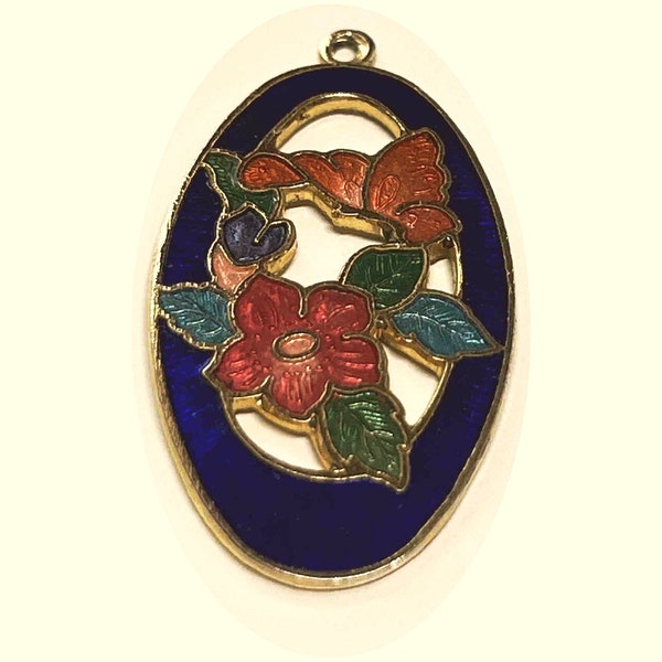 Gracieux pendentif ovale en émail à motif floral filigrané, bleu, rouge et orangé,  37 millimètres, vintage, pour création de bijoux DIY