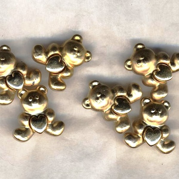 Boutons oursons dorés avec coeur, 6 petits ours de métal 15/15 millimètres, embellissement couture enfants, scrapbooking,  kawaï