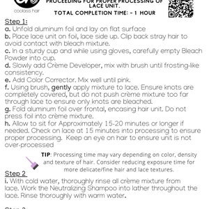 May include: Instructions for processing a lace wig. The steps include preparing the lace, applying a creme developer, and rinsing with shampoo. The instructions also include a tip about processing time.