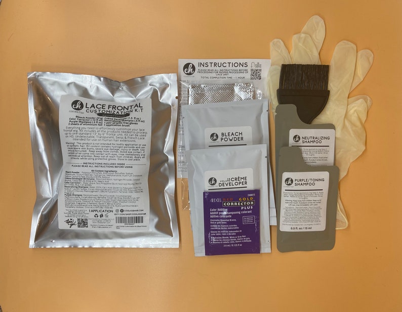 May include: A lace frontal customization kit with bleach powder, creme developer, neutralizing shampoo, purple toning shampoo, and a gold corrector plus. The kit also includes a pair of gloves and a brush.