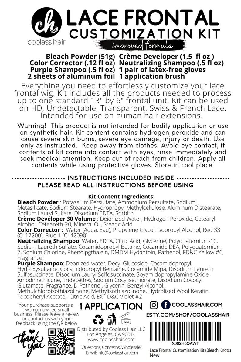 May include: Lace frontal customization kit with bleach powder, cr&egrave;me developer, color corrector, neutralizing shampoo, purple shampoo, latex-free gloves, aluminum foil, and an application brush. The kit includes instructions for use and a warning label about the contents.