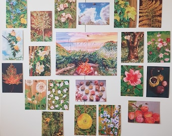 Nature's Treasures Art Print Set: Campfire Sunset & Botanical Postcards