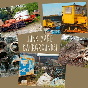 May include: A collage of images showing different junkyard backgrounds. The images include a pile of rubble, a rusty engine, a yellow construction vehicle with a "Keep Off" sign, and a blue metal container with a rusty fence in the background.