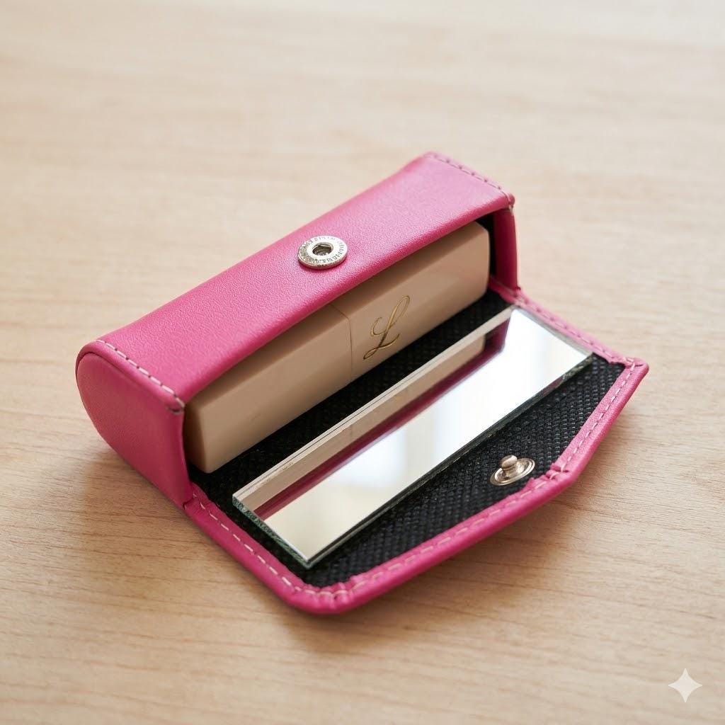 Elegant Real Leather Lipstick Cover with Mirror - Compact and Sophisticated