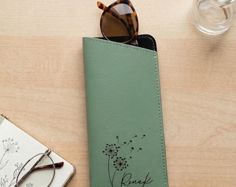 Laser-engraved, customizable leather case for prescription glasses or sunglasses.