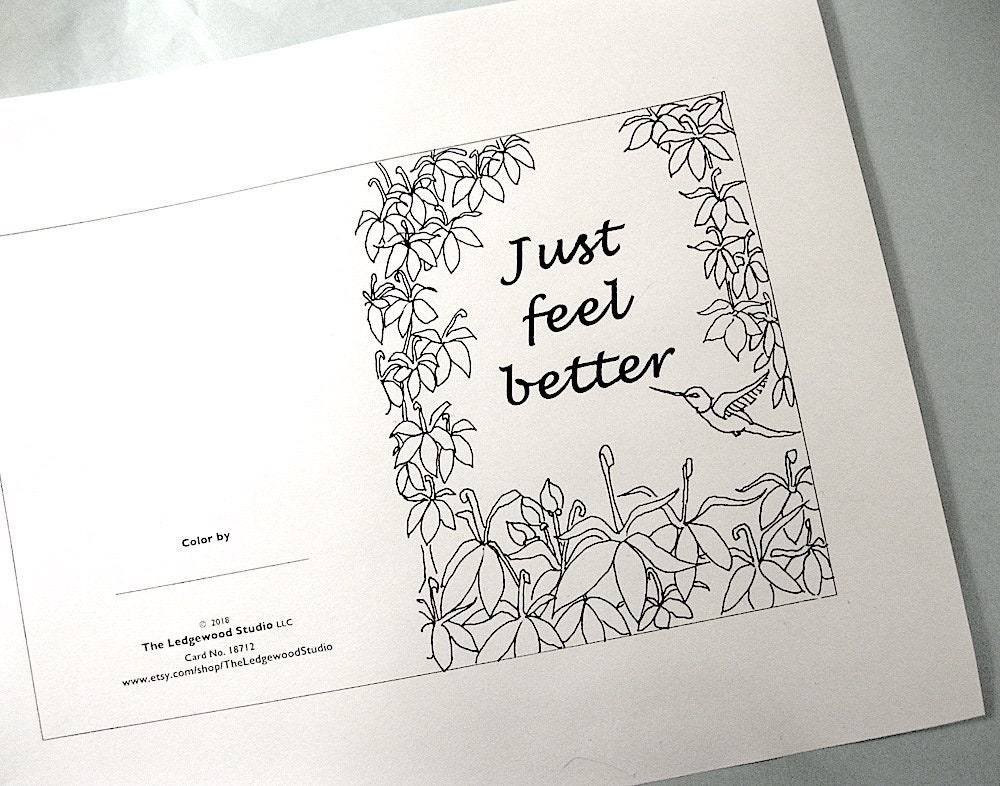 Printable Get Well Card, Adult Coloring Card, Black &amp; White Card, Blank ...