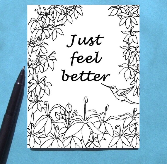 Printable Get Well Card Adult Coloring Card Black &amp; White | Etsy
