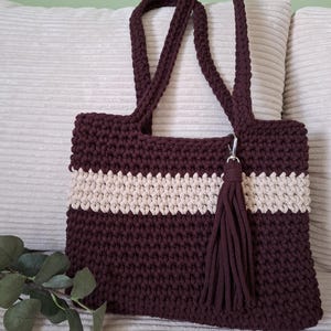 Gehäkelter Shopper aus Flechtgarn in burgundy und beige ,Baumwollseil,Häkeltasche, Handarbeit, Geschenk,