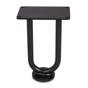 May include: Black metal furniture leg with a U-shaped design and a round base. The leg has a flat top plate with screw holes for attaching to furniture.