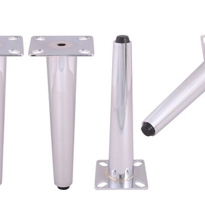 May include: Four chrome furniture legs with a square base and a black plastic tip. The legs are approximately 6 inches tall.