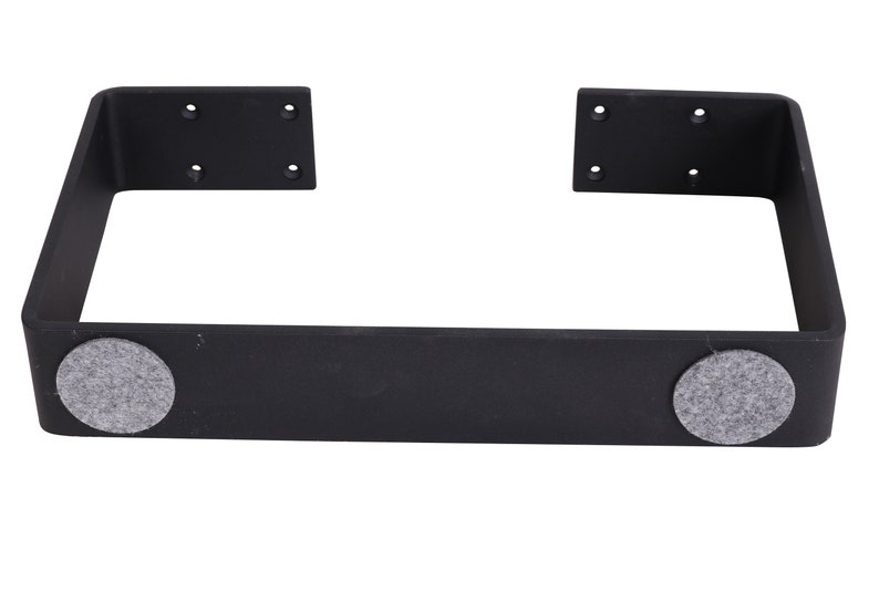 May include: Black metal shelf bracket with two gray felt pads on the bottom.