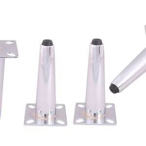 May include: Four chrome furniture legs with black plastic feet. Each leg has a square base with four holes for mounting.