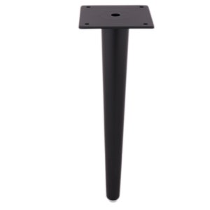 May include: Black metal table leg with a square base and a round hole in the center. The leg is approximately 16 inches tall.