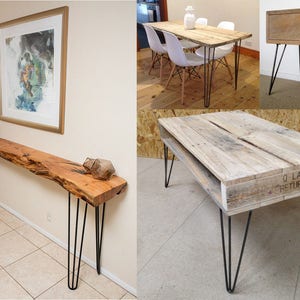 May include: Four different wooden tables with black hairpin legs. The tables are made from reclaimed wood and have a rustic look. The tables are all different sizes and shapes.