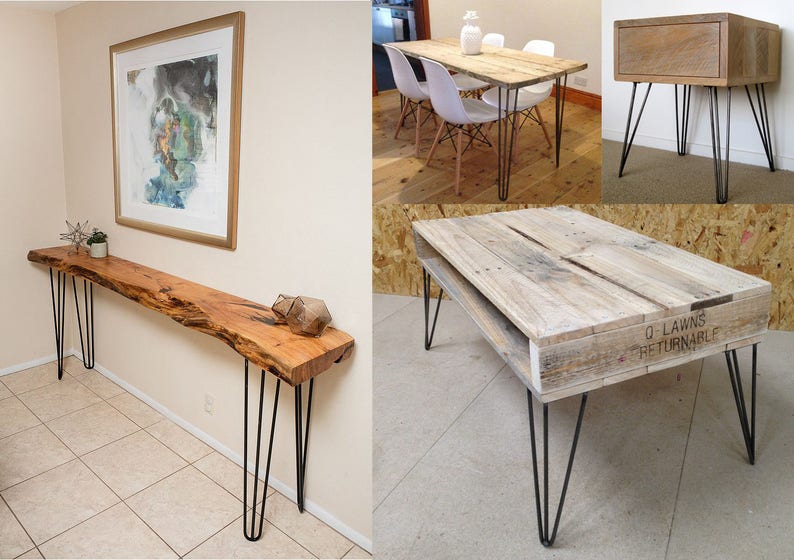 May include: Four different wooden tables with black hairpin legs. The tables are made from reclaimed wood and have a rustic look. The tables are all different sizes and shapes.