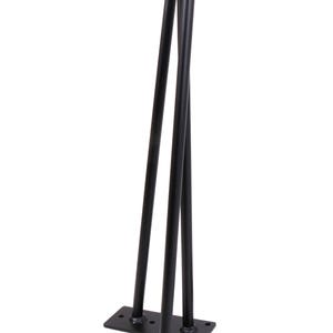 May include: Black metal hairpin legs for furniture. The legs are in an L-shape with a rounded top and a flat base. The legs are approximately 16 inches tall.