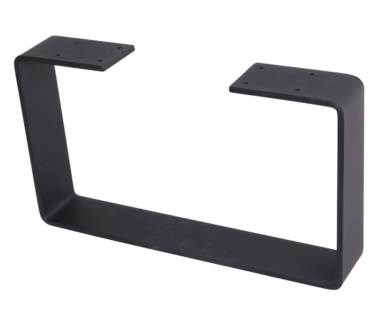 May include: Black metal table legs with a rectangular shape and rounded corners. The legs are made of sturdy metal and have a black finish.