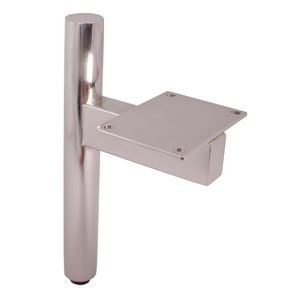 May include: A silver metal furniture leg with a square mounting plate. The leg is round and has a black rubber foot at the bottom.