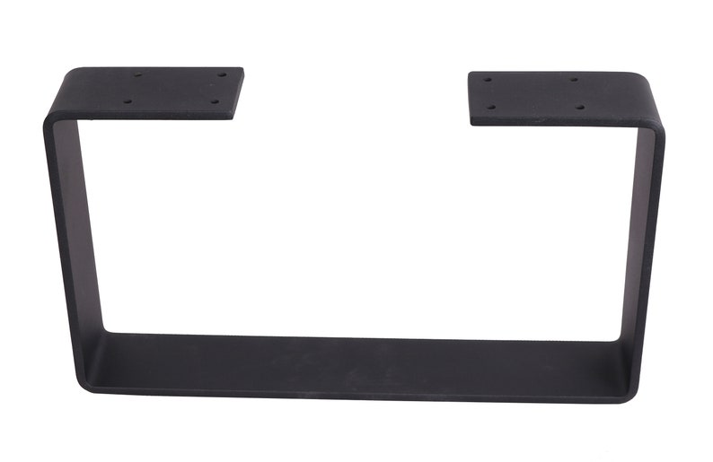 May include: Black metal table legs with a rectangular shape and rounded corners. The legs are made of sturdy metal and have a black finish.