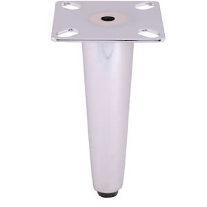 May include: A silver metal furniture leg with a square base and a round top. The leg has a black plastic foot pad.
