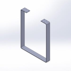 May include: A pair of gray metal table legs in a U-shape design. Each leg has a rectangular profile with a curved bottom and a flat top with pre-drilled holes for mounting. The legs are designed for furniture.