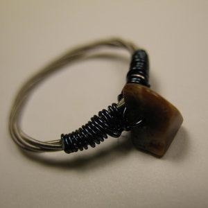 Tigers Eye Stone Ring, Recycled Guitar String Ring, Blue and Silver Ring, Size 7, Custom Sizes,  Womens ring, Upcycled, Musician Gift