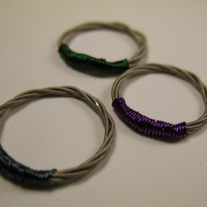 Recycled Guitar String Ring, Green Purple Blue Silver Ring, Custom Sizes, Mens Ring, Womens ring, Upcycled, Musician Gift