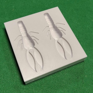 Peut inclure: Un moule en plastique blanc avec deux empreintes détaillées d'écrevisses. Le moule rectangulaire repose sur une surface verte. Les motifs d'écrevisses présentent des détails complexes des pattes et des pinces, parfaits pour le bricolage.