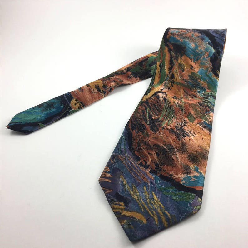 Vintage 80s Wembley Shimmering Abstract Forest Scene Silk Necktie