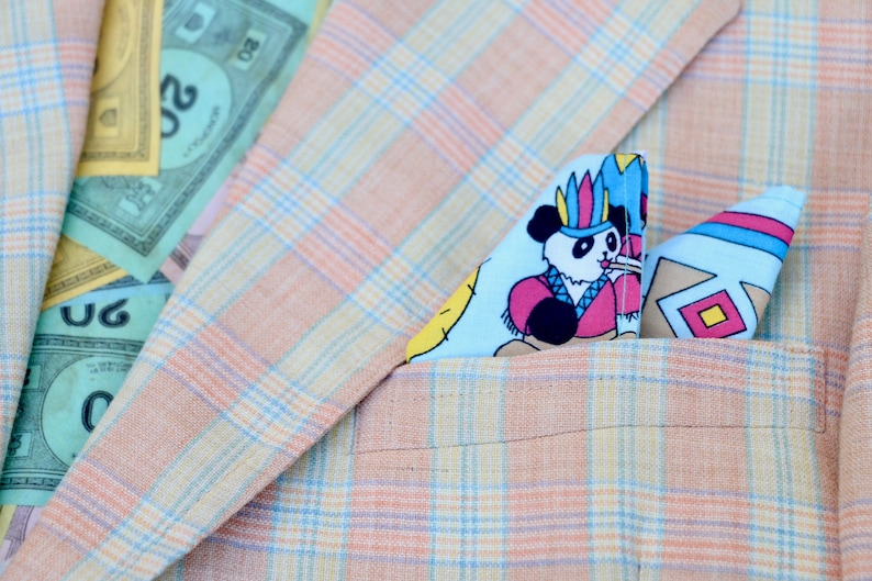 Handmade Dancing Native American Panda Bears Print Pocket Square Handkerchief