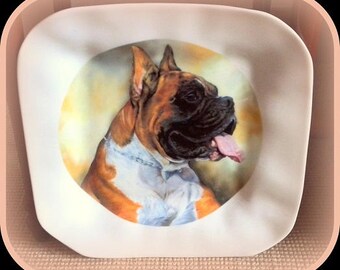Square plate patterned dog head Boxer made on white Limoges porcelain