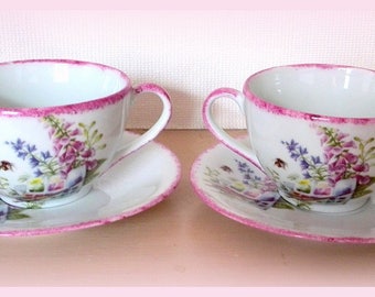 Duo 2 cups and 2 saucers patterns "flower table" porcelain limoges