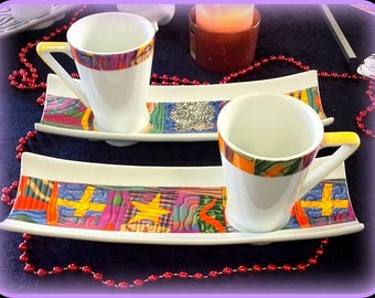 Service duo Café gourmand tasse et soucoupe abstract motifs in Limoges porcelain