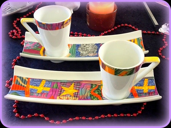 Service Duo Café Gourmand Tasse et Soucoupe Motifs Abstraits en Porcelaine de Limoges