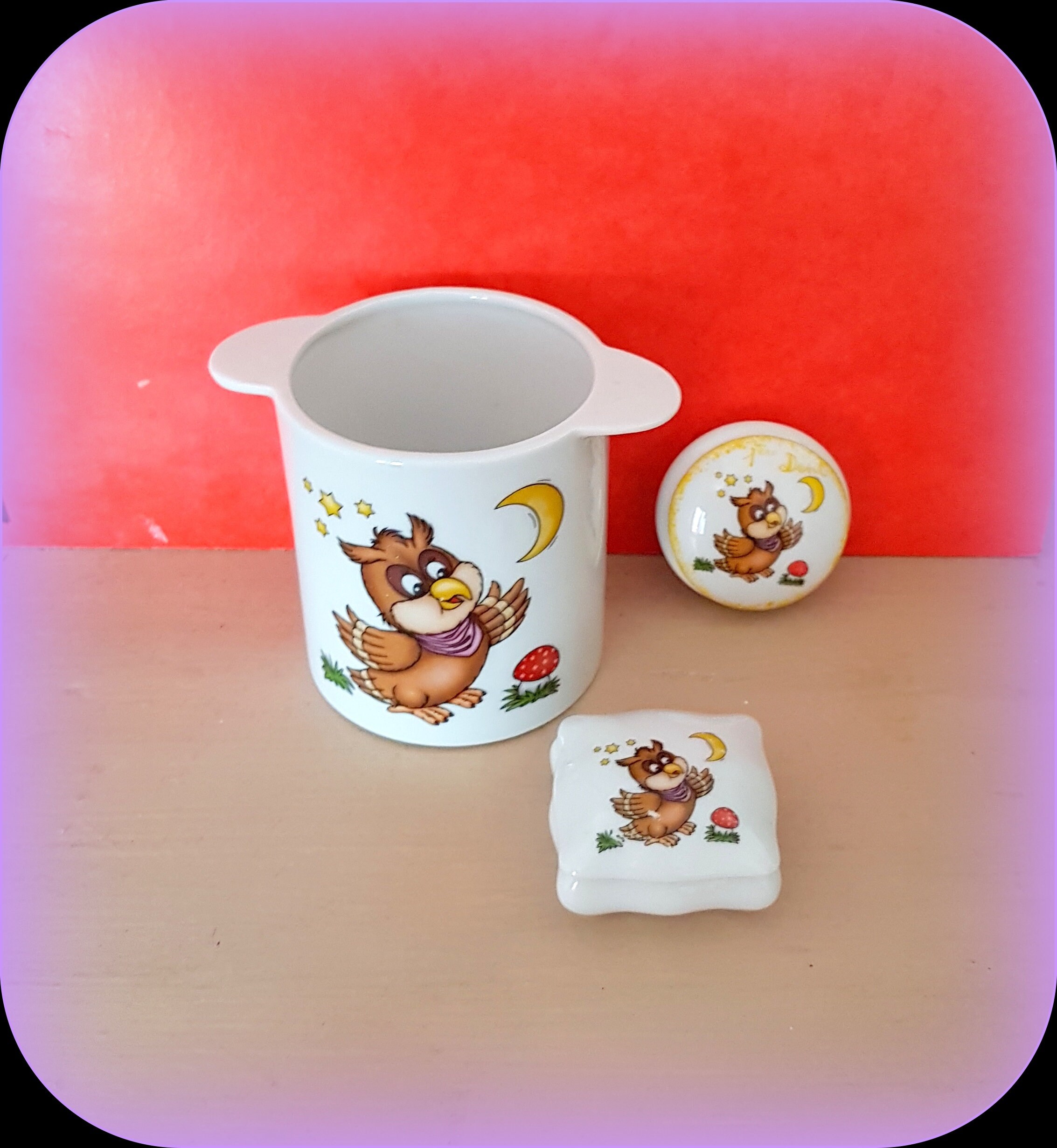 Mug Enfant avec 2 Boites à Dent Motif Hibou en Porcelaine de Limoges Signée Cadeau Naissance, Baptêm