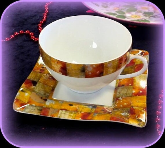 Tasse Ronde Coupelle Carrée Motif Abstrait Tons Marron en Porcelaine de Limoges