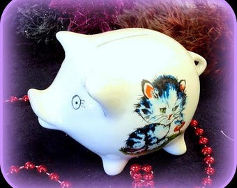 Piggy bank pattern kitten and puppy on white Limoges porcelain