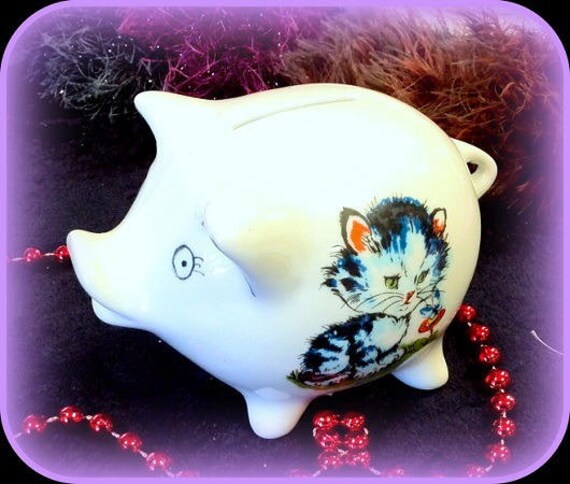 Cochon Tirelire Motif Chaton et Chiot sur Porcelaine de Limoges Blanche