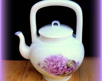 Teapot coffee maker pourer kettle lilac pattern on white Limoges porcelain