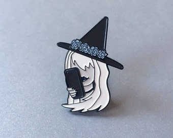 Basic Witch with Phone and Flower crown Pin by Midnight & Vine