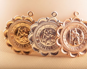 Saint Christopher Stamp Round Pendant, in Gold Filled, Silver, Rose Gold Filled, Protection Charms, Religion Pendants, Saint Patron Travel