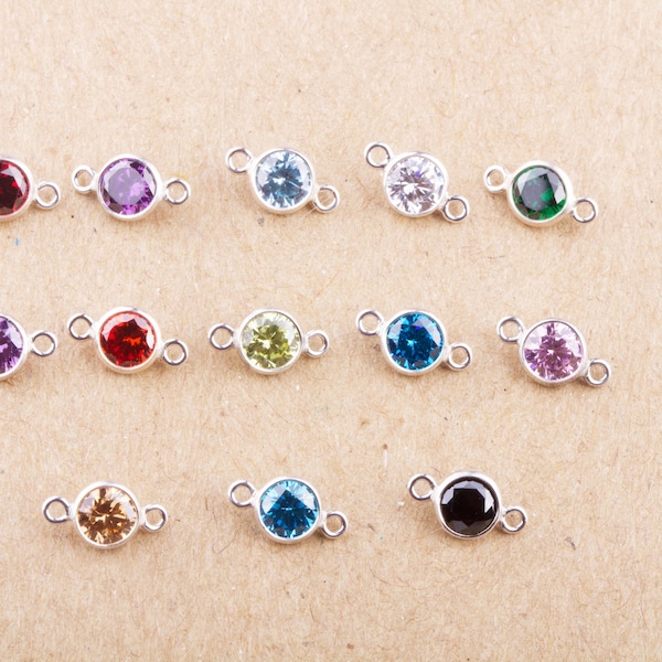 3mm - Sterling Silver Birthstone Connectors, AAA Top Quality Cubic Zirconia Bezel Charm, Permanent Jewelry Supply, CZ Birthstone Connectors